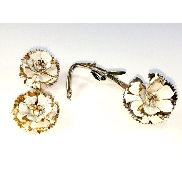 Vintage White Enamel Flower Brooch & Clip Earrings Set Gold Tone AB Rhinestones - Picture 6 of 10
